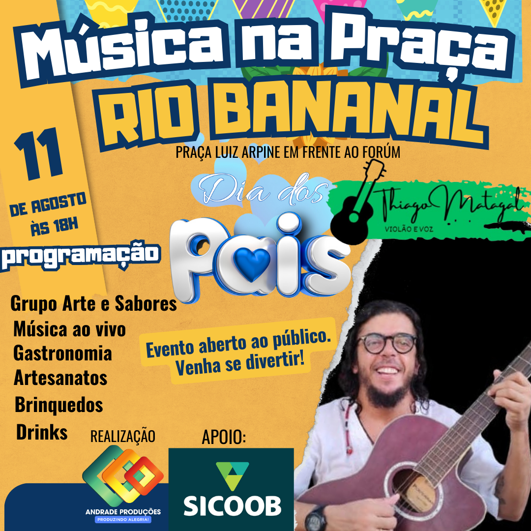 O Projeto Música na Praça, em Rio Bananal, terá neste domingo (11) – Dia dos Pais, a sua 4º (quarta) edição.